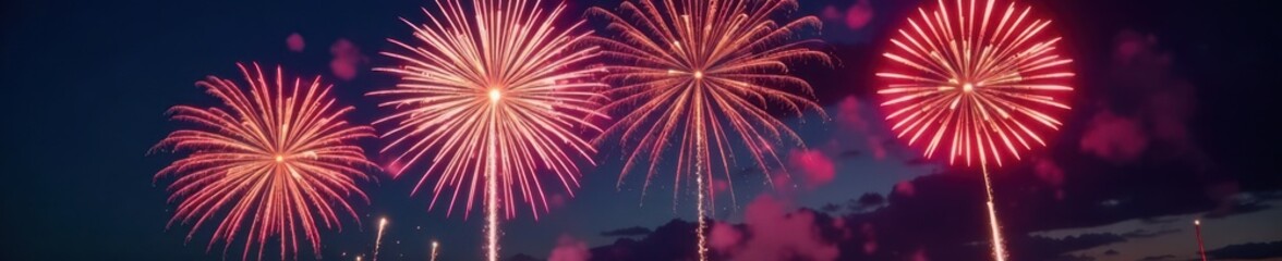 Fototapeta premium Colorful explosive fireworks bursting into the sky with vibrant lights and sparks, burst, sparks