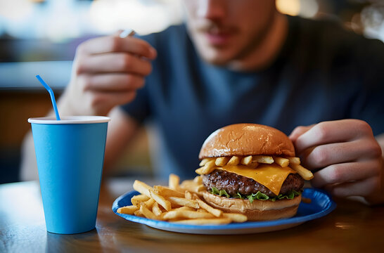 Person Eating Burger And Fries At Restaurant With Soda Cup