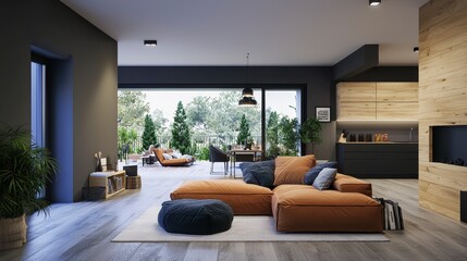 Modern Living Room Design with Cozy Furniture and Outdoor View
