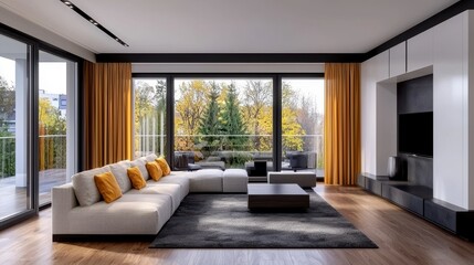 Fototapeta premium Modern Minimalist Living Room with Scenic Autumn View and Natural Light