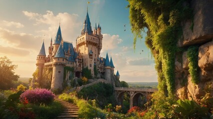 Fototapeta premium Majestic fairytale castle with turrets and a bridge in an enchanting landscape
