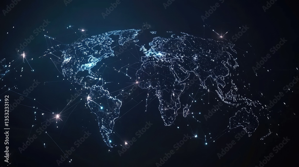 Poster abstract digital world map with glowing connections and data points illustrating global network and 