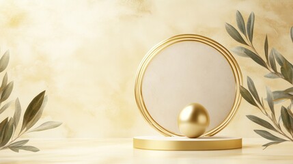 Golden podium display with natural elements