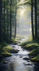 Fototapeta premium Misty forest stream sunlight