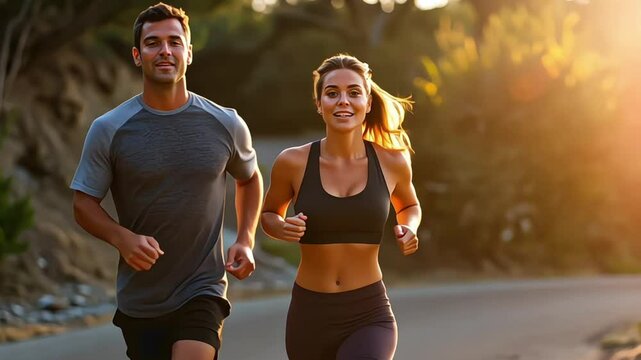 Fit Couple Running Outdoors &mdash; Healthy Active Lifestyle and Fitness Goals