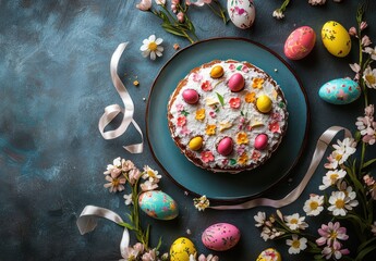 Fototapeta premium Colorful cake decorated with Easter eggs and flowers on a blue textured surface, perfect for spring celebrations and holiday gatherings.