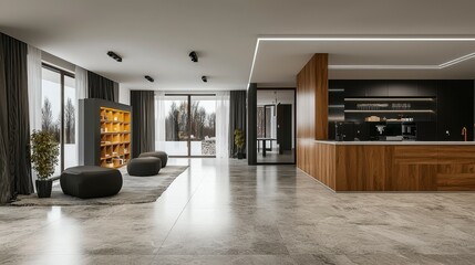 Obraz premium Modern Stylish Living Room and Kitchen with Minimalist Design