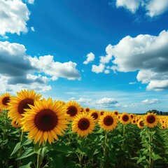 Obraz premium Vast sunflower field under a dramatic blue cloudy sky, background, clouds, peaceful