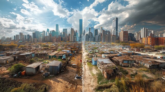 A striking contrast between a vibrant city skyline and a nearby impoverished area, highlighting urban disparity and socio-economic challenges.