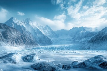 Frozen mountain valley, glacial landscape, breathtaking scenery, serene winter