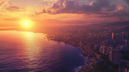 A beautiful sunset over a coastal city with water and buildings