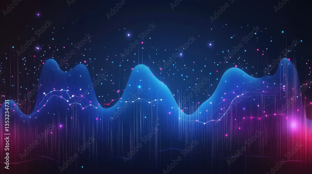 Poster abstract visualization of sound waves with vibrant colors and dynamic patterns representing audio fr