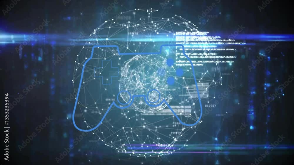 Poster digital network and coding animation over video game controller outline