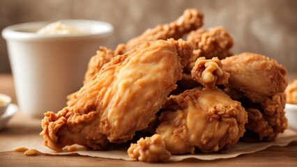 A close-up shot a pile crispy, golden-brown fried chicken wings a wooden table.