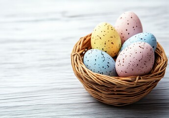 Colorful Decorative Easter Eggs in a Woven Basket on a Wooden Table Background for Festive Celebrations and Springtime Decor