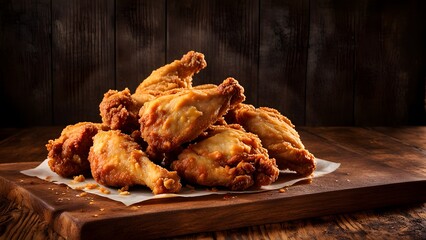 A stack delicious, golden-brown fried chicken wings sits a rustic wooden board.