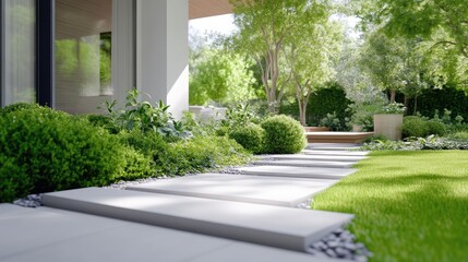 Modern exterior landscaping with pathway. Lush greenery, manicured hedges, and a light-colored stone walkway lead to a modern house.  Sunlight illuminates the scene