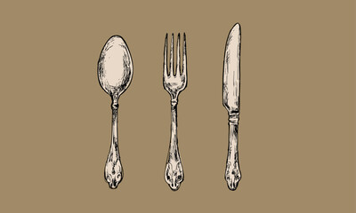 アンティークなセピアカラーの手描きカトラリー（スプーン、フォーク、ナイフ）