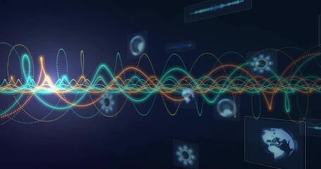 Animation of colorful waveforms and digital screens processing data on dark background - Powered by Adobe