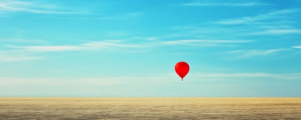 A lone red balloon ascending into the vast blue sky, a symbol freedom and dreams