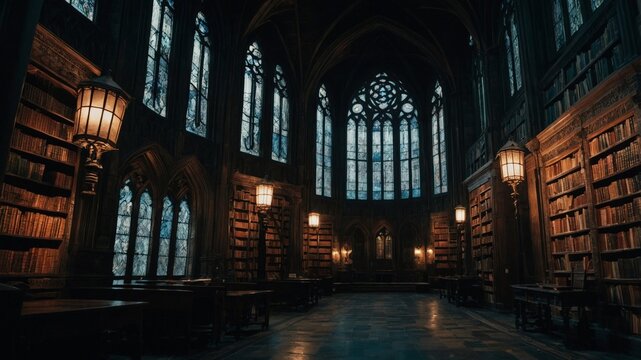 Opulent library showcasing a vast collection of books within gothic architecture