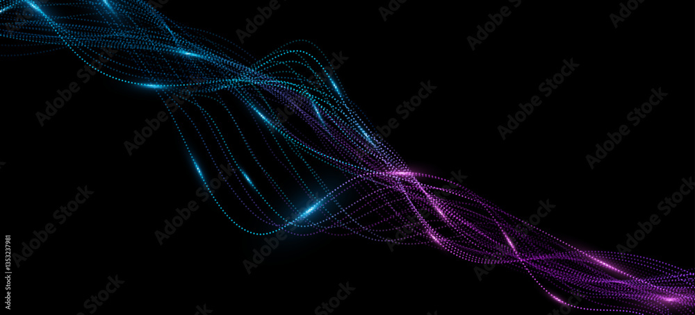 Poster big data flow background. moving connected dotted lines with light effect. neural network backdrop. 