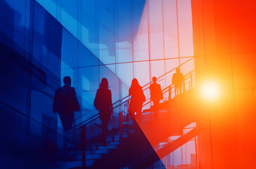 Abstract Silhouettes Of People On Stairs In A City Building in Cityscape Environment with People Moving in a Urban Landscape With City Lights And Movement And Shadows And