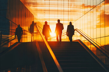 Business People Walking Up Stairs At Sunset In Modern Building