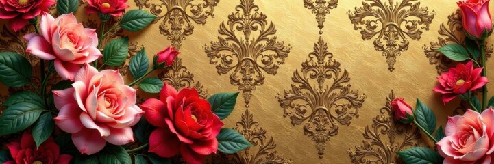 Damask floral pattern on luxury gold background, sophisticated, luxury, elegant