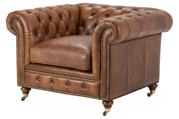 A richly textured brown leather armchair, inviting comfort and classic elegance with button tufting and dark wood legs on casters.