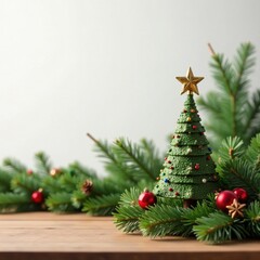 Decorated Christmas tree branches on wooden table, trees, decorations, winter
