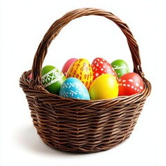Colorful Easter eggs arranged in a woven basket celebrating the joy of the holiday and spring season with intricate designs and bright hues