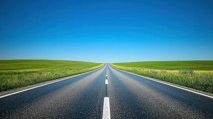 Fototapeta premium A long road stretching into the horizon under a bright blue sky