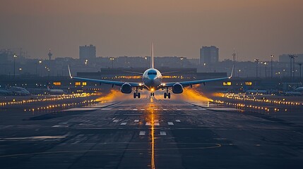 Fototapeta na wymiar Airplane landing at sunset on runway.