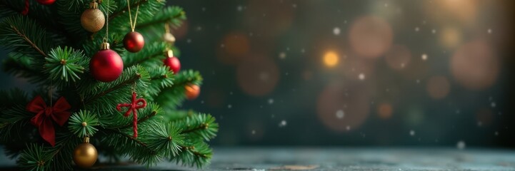 Evergreen Christmas tree stand with ornaments in the background, cozy, holiday