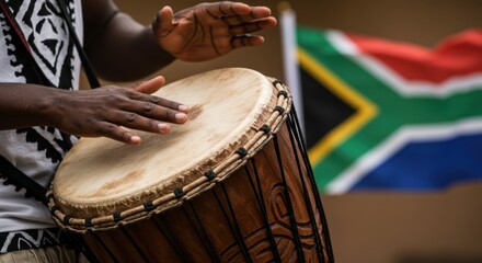 Cultural Celebration: A Close-Up of a Musician Playing Traditional African Drums with South African Flag