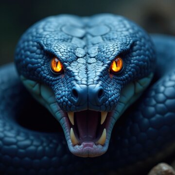Fangs bared, blue viper's gaze is intense and unblinking , wildlife photography , nature, blue