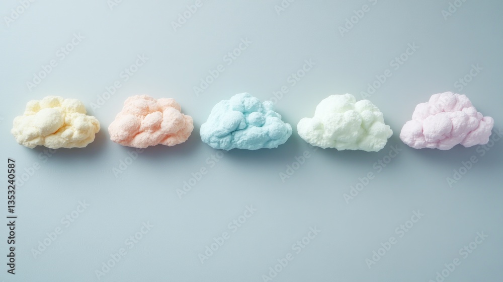 Poster five pastel-colored fluffy clouds arranged in a row on a light blue background.
