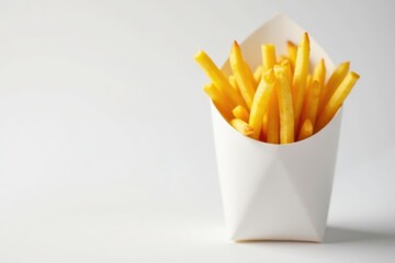 French fries in paper cone on white background, environment, potato