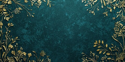 A vintage-inspired invitation card with intricate botanical details in gold and emerald