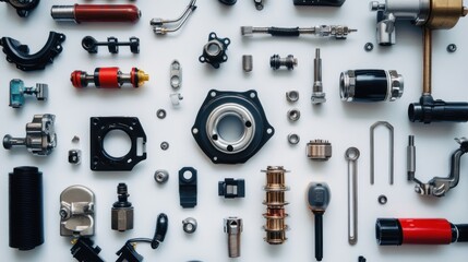 Obraz premium Flat lay of various car parts and tools arranged on white background.
