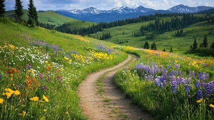 A peaceful hillside with wildflowers blooming and a winding dirt path