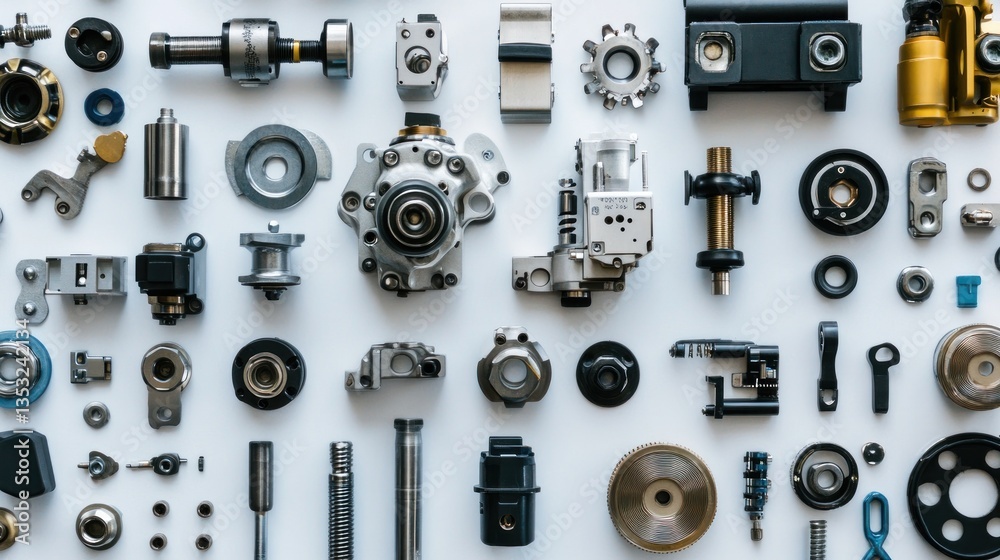 Poster flat lay of various mechanical parts on white background.