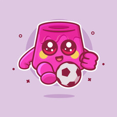happy pudding cake character mascot playing football isolated cartoon