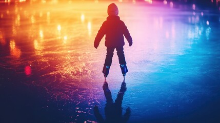 Child skating on ice rink with colorful lights in the background.
