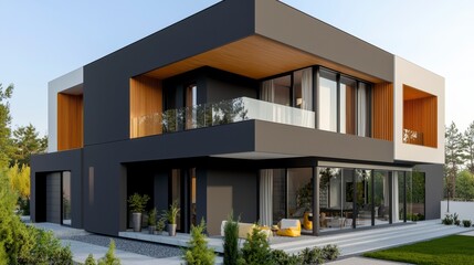 Fototapeta premium Modern architectural design of a stylish house with large windows
