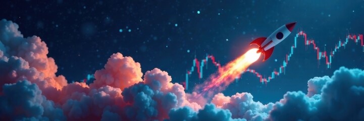 Rocket blasting off with a financial chart in the background on a blue screen, rocket, startup, success