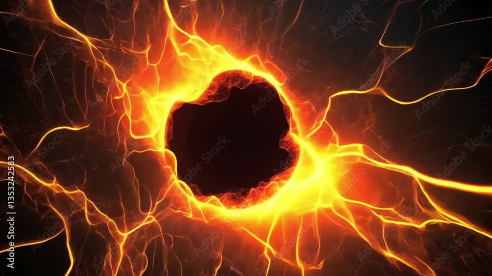 Poster fiery abstract explosion with vivid orange and red colors surrounding a dark central void creating a