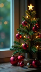 Shiny ornaments and lights decorate a miniature Christmas tree, Miniature Christmas Tree, Lights, Snow Globe