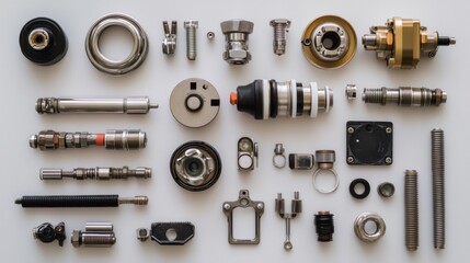 Fototapeta premium Flat lay of various metal parts and components on white background.